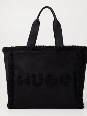 HUGO Black Shearling-Trim Logo Tote